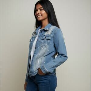 Live A Little Denim Jacket Women's Large Pearl Embellished Distressed Jean L